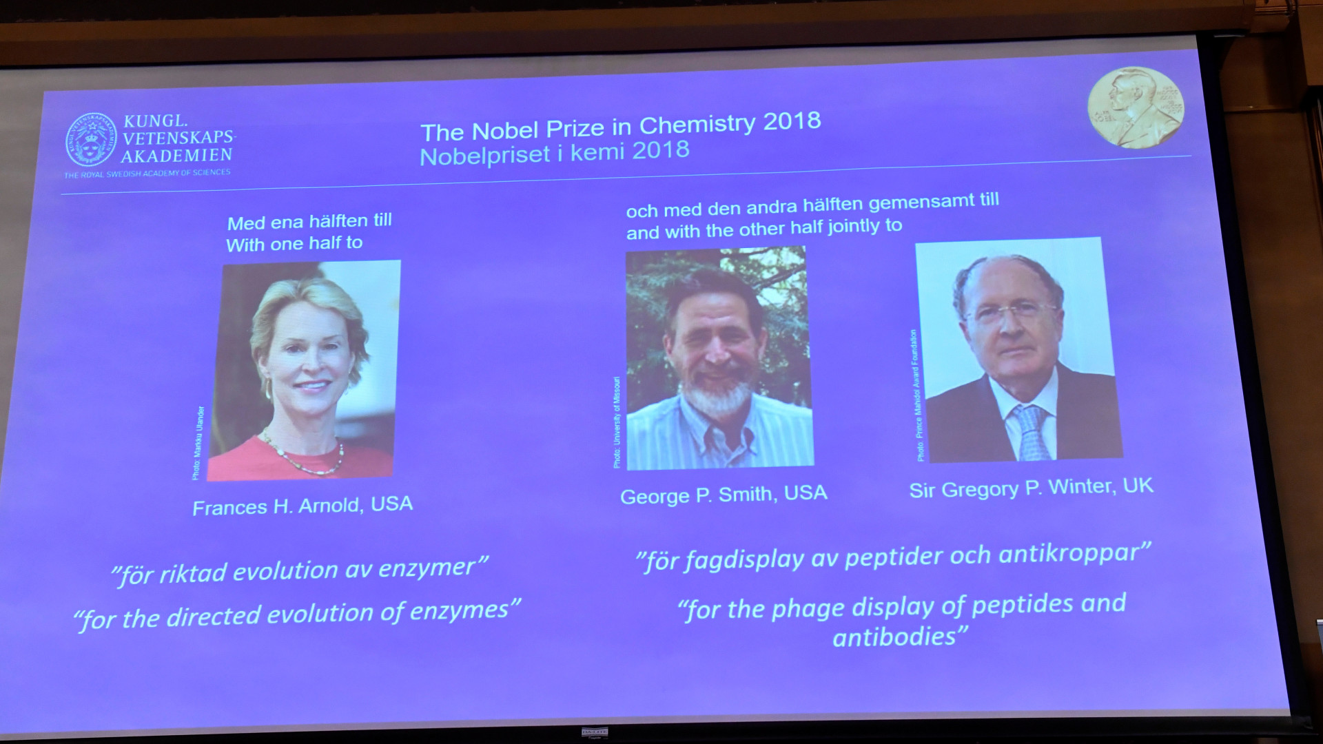Nobel da Química para Frances Arnold, George Smith e Gregory Winter