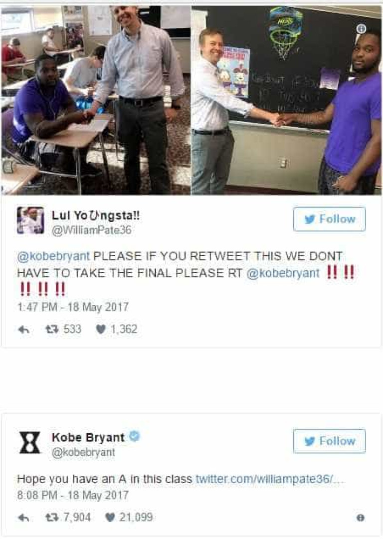 Alunos pediram ajuda a Kobe para escapar a exame e... ele correspondeu