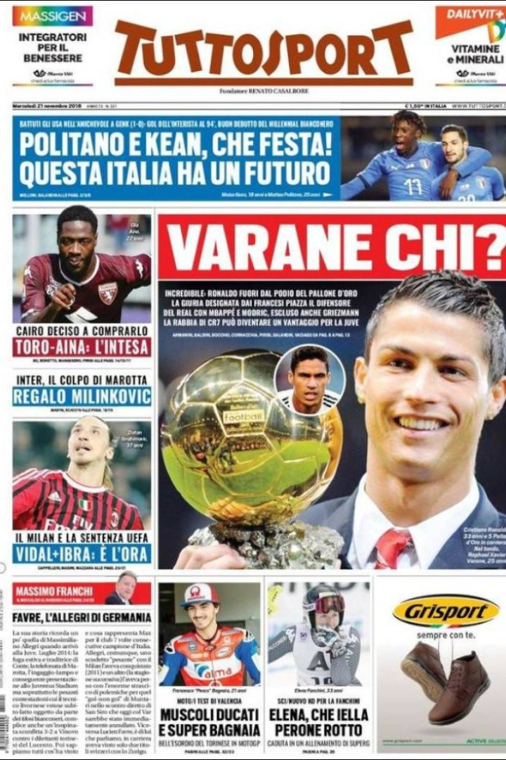 Lá fora: Italianos questionam Bola de Ouro longe de Ronaldo